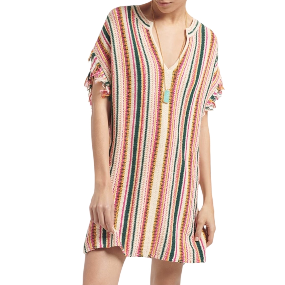 NWT VANESSA BRUNO Paris ANTEA Cover Up Dress Multi Stripe Knit Fringe Large